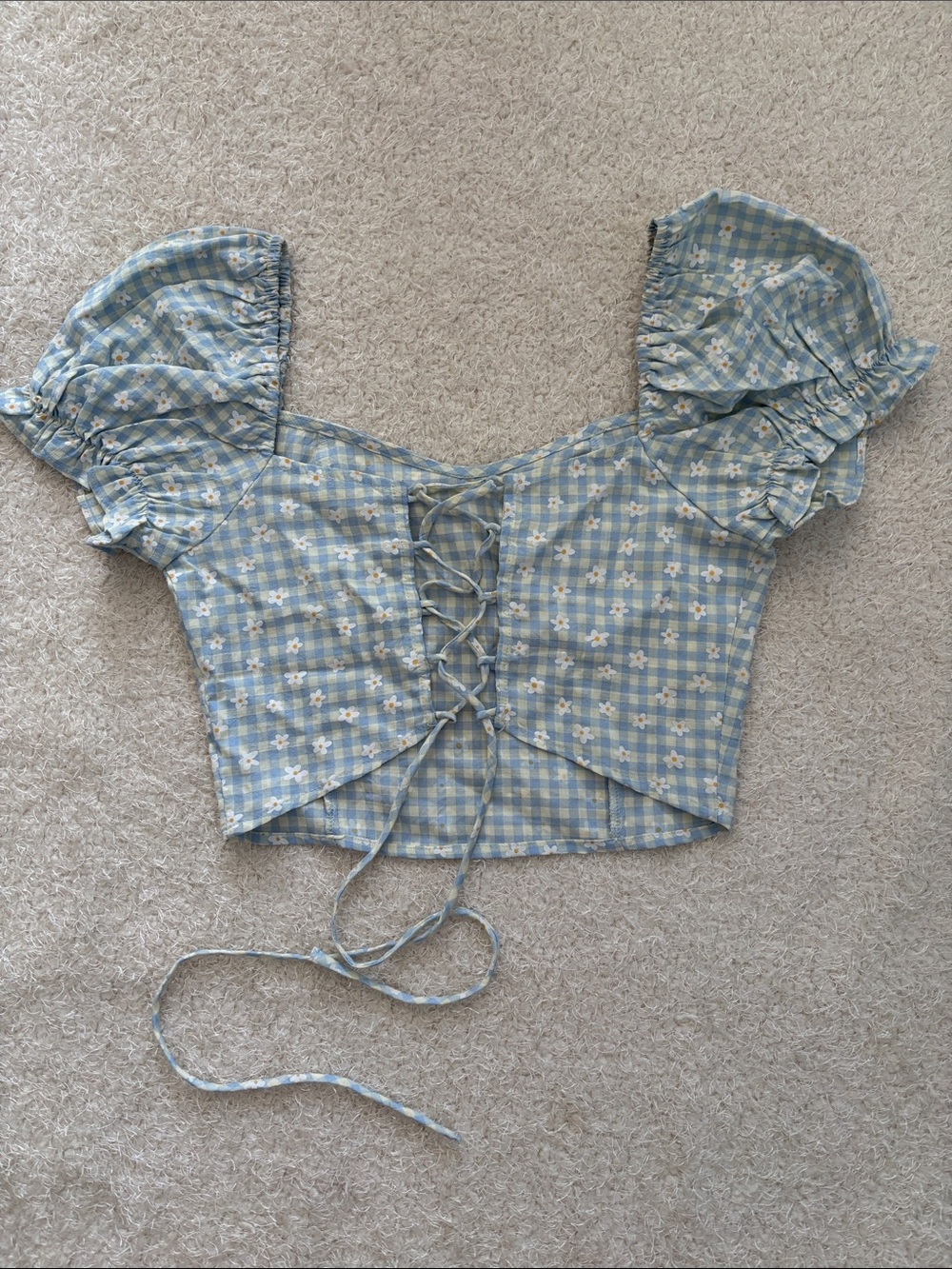 Elodie Blue Gingham Floral Lace-Up Puff Sleeve Crop Top